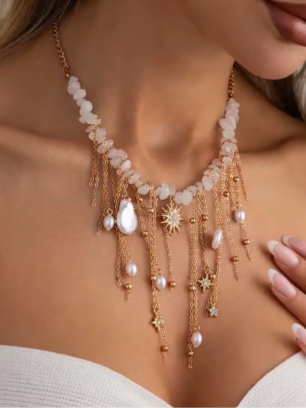 Celestial Pearl Waterfall Statement Necklace | Boho Luxury Gold Chain Choker - Picture 3 of 7